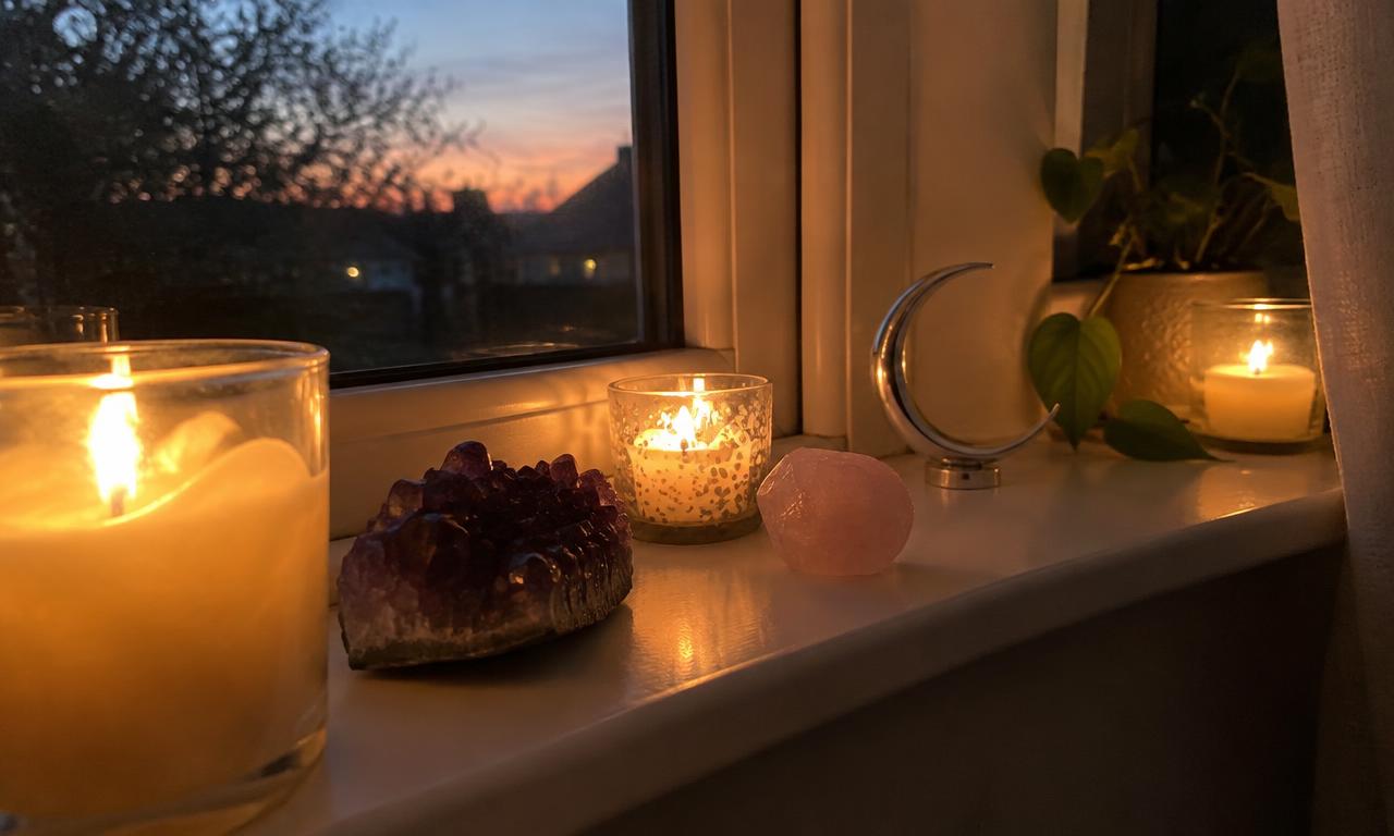 Des bougies, des cristaux et un petit croissant de lune alignés sur le rebord d'une fenêtre au couchant.