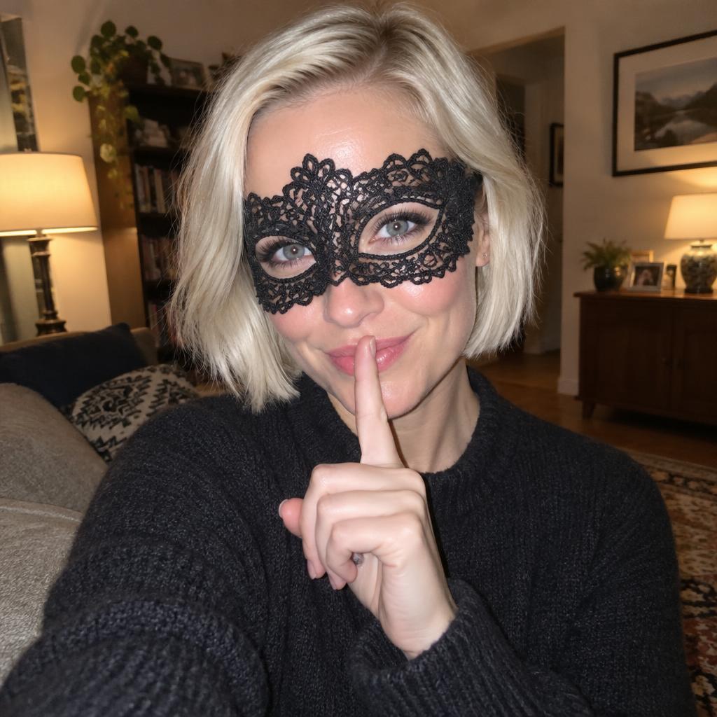 Portrait d’une femme blonde platine portant un masque de dentelle noire et faisant un geste de silence